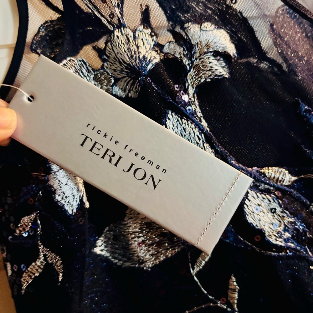 Teri Jon Navy Maxi Dress with Silver Floral Embroidery - Picture 7 of 14